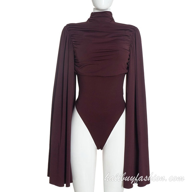 Turtle neck long flared sleeve ruched solid knit bodysuit - Halibuy - 10