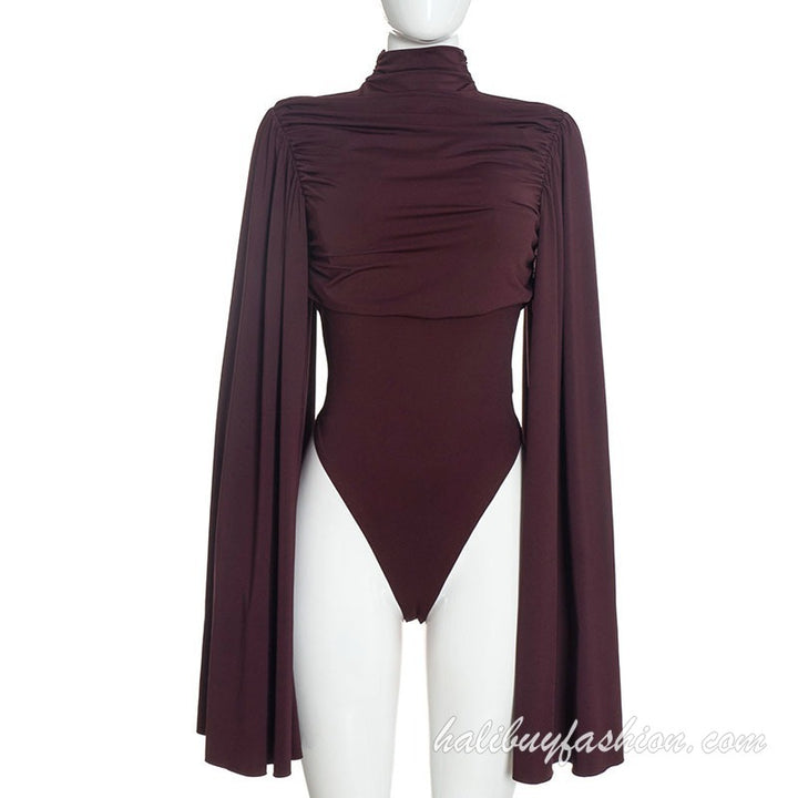 Turtle neck long flared sleeve ruched solid knit bodysuit - Halibuy - 10