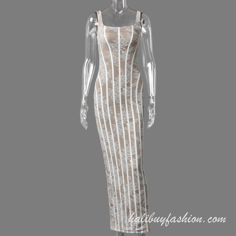 Lace square neck sleeveless see through cami maxi dress - Halibuy - 10