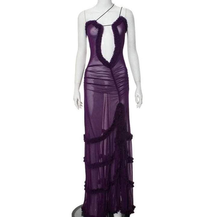 Ruffle spaghetti strap sheer mesh irregular slit maxi dress-final-sale