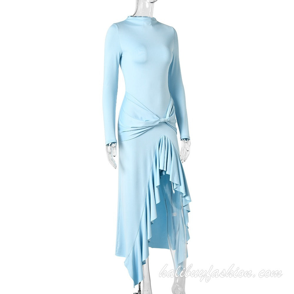 Solid long sleeve high neck knotted ruffle high slit maxi dress - Halibuy - 10