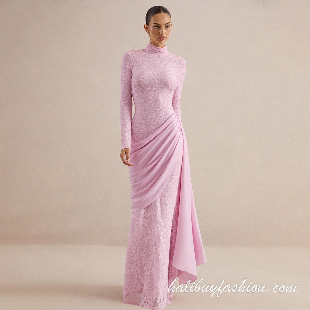High neck long sleeve lace solid ruched patchwork maxi dress - Halibuy - 10