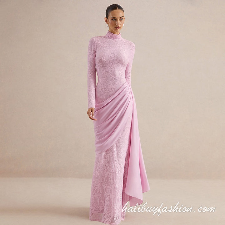 High neck long sleeve lace solid ruched patchwork maxi dress - Halibuy - 10