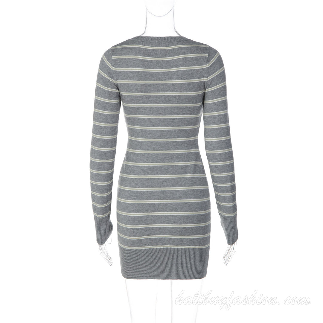 Deep v neck striped long sleeve knitted ribbed mini dress - Halibuy - 10