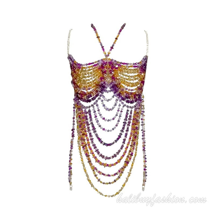 Halter hollow out patchwork crystal satin body chain - Halibuy - 10