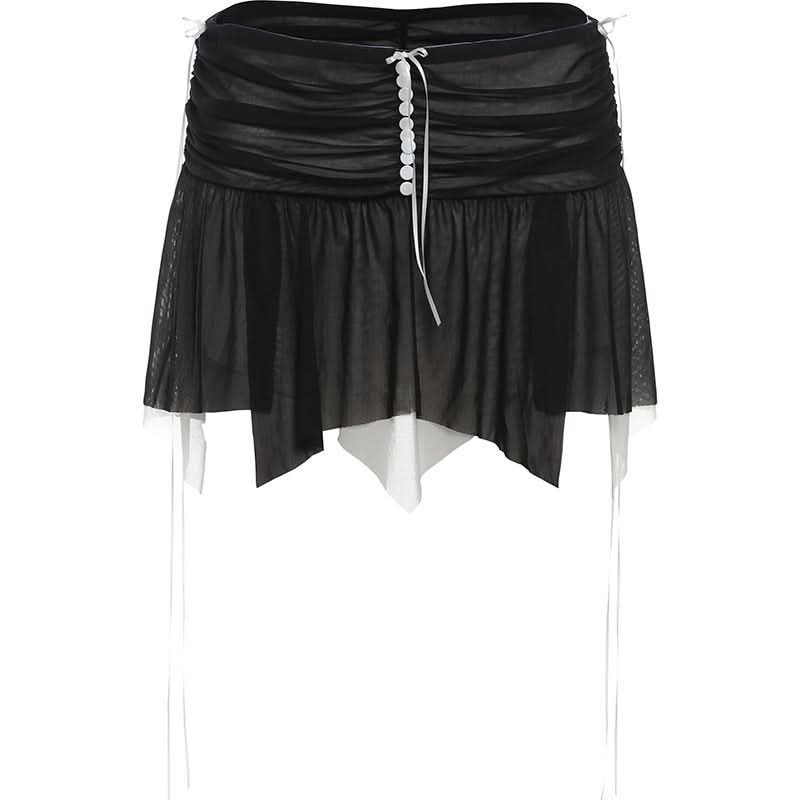 Mesh patchwork ruffle button contrast backless cami ruched skirt set-final-sale