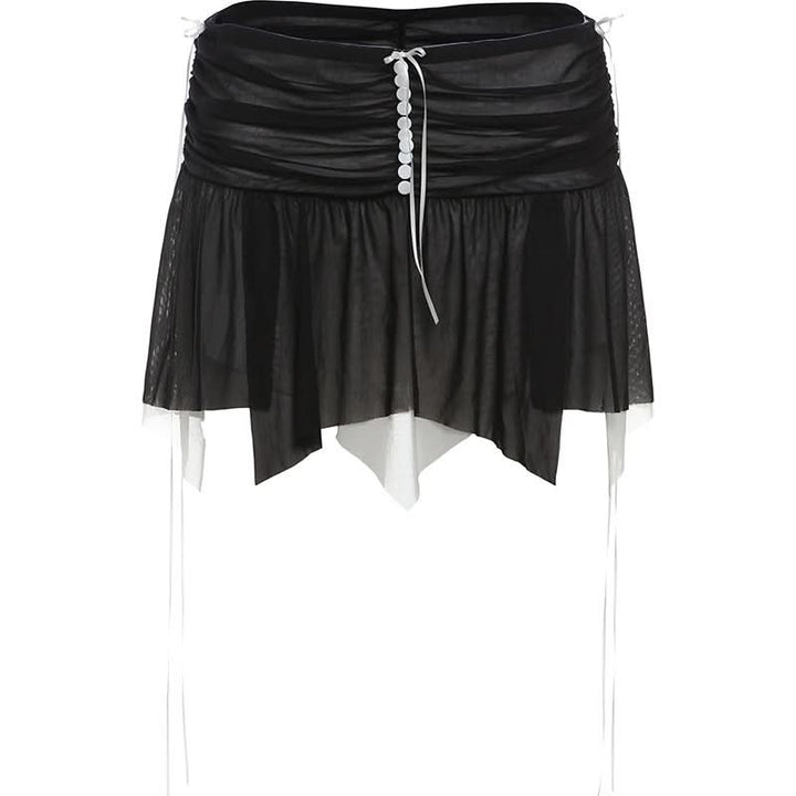 Mesh patchwork ruffle button contrast backless cami ruched skirt set-final-sale