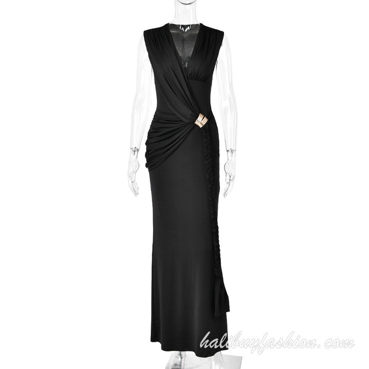 Sleeveless deep v neck solid high slit ruched drawstring maxi dress - Halibuy - 10