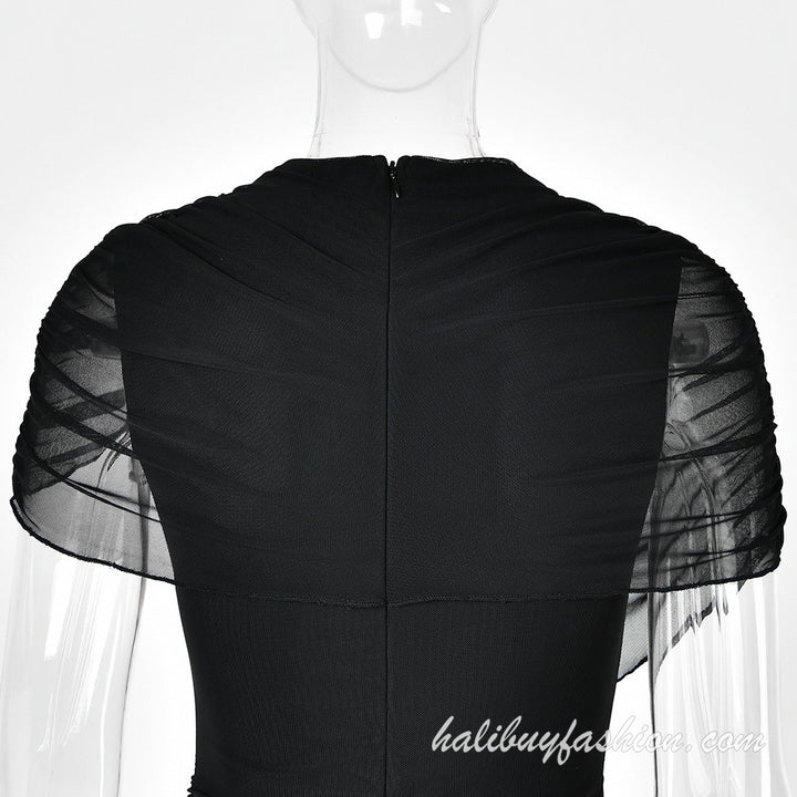 Solid mesh ruched high neck cap sleeve maxi dress - Halibuy - 10