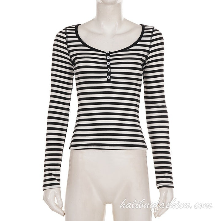 Long sleeve striped knitted v neck button top - Halibuy - 10