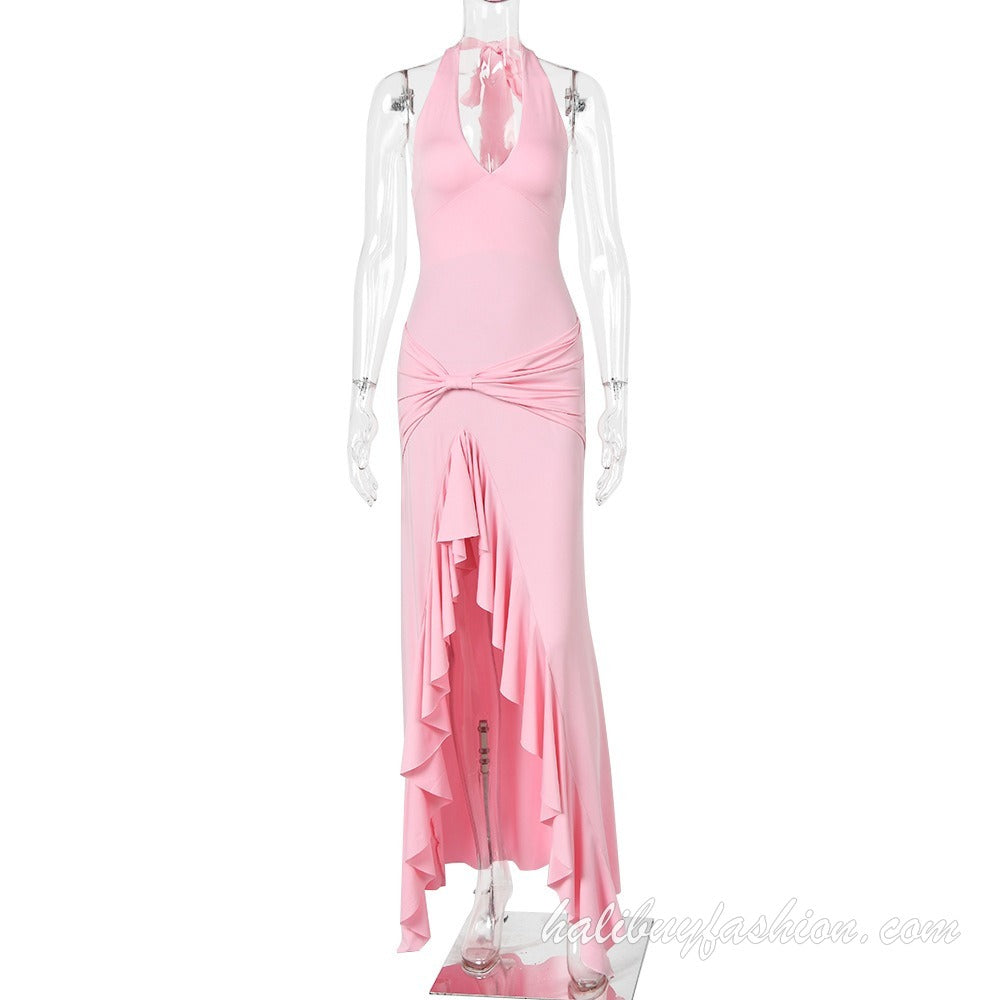 Halter deep v neck knotted ruffle high slit solid maxi dress - Halibuy - 10