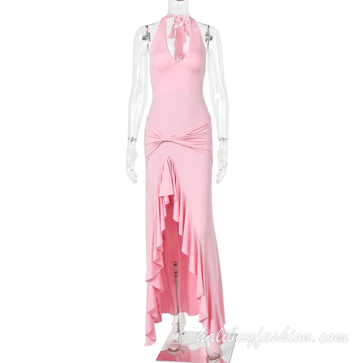 Halter deep v neck knotted ruffle high slit solid maxi dress - Halibuy - 10