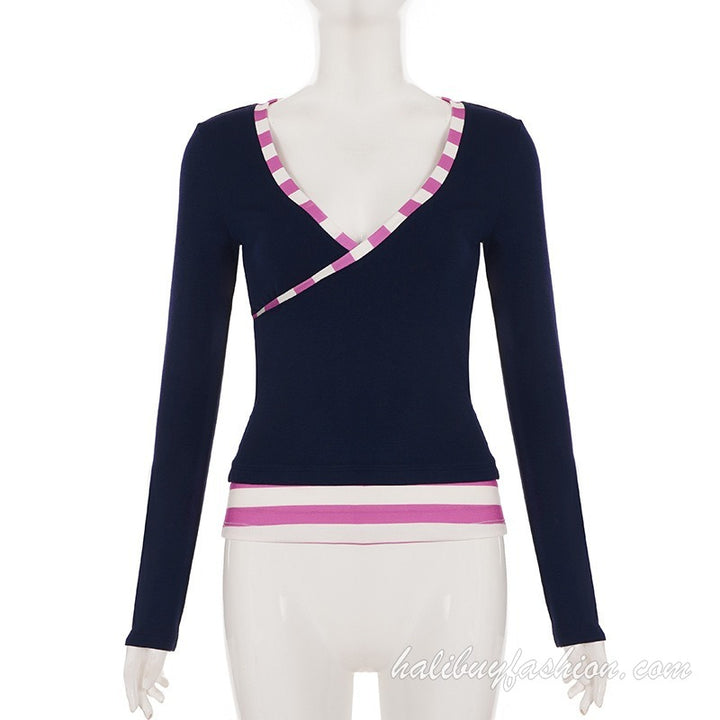 Long sleeve deep v neck cross front striped ruched knitted top - Halibuy - 10
