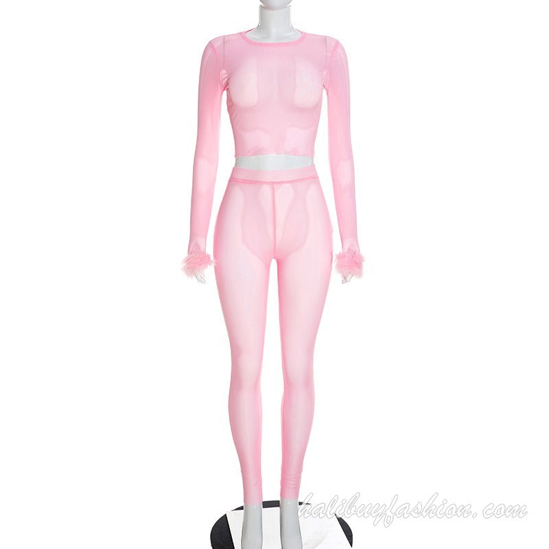 Long sleeve sheer mesh feather solid patchwork pant set - Halibuy - 10
