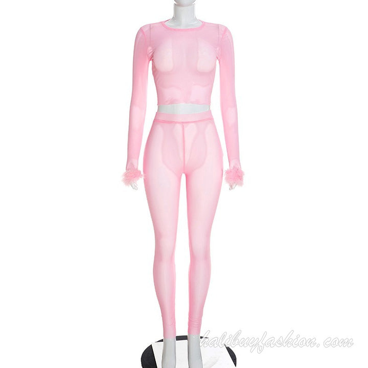 Long sleeve sheer mesh feather solid patchwork pant set - Halibuy - 10