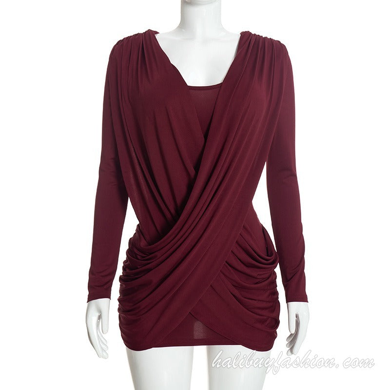 Long sleeve deep v neck cross front ruched solid mini dress - Halibuy - 10