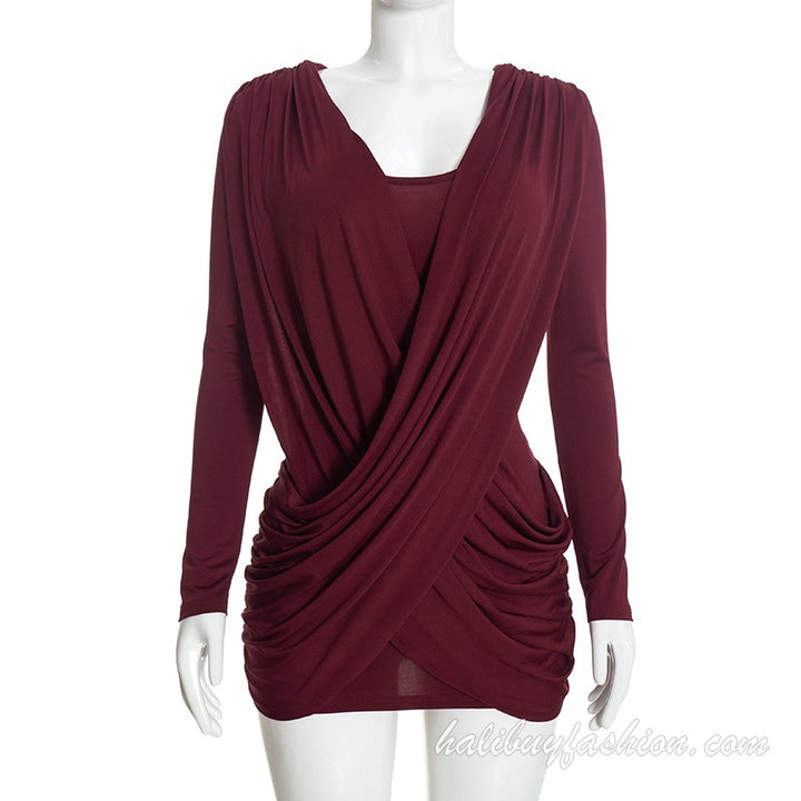 Long sleeve deep v neck cross front ruched solid mini dress - Halibuy - 10