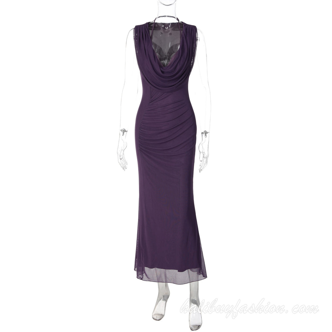 Sleeveless ruched deep v neck solid slit maxi dress - Halibuy - 10