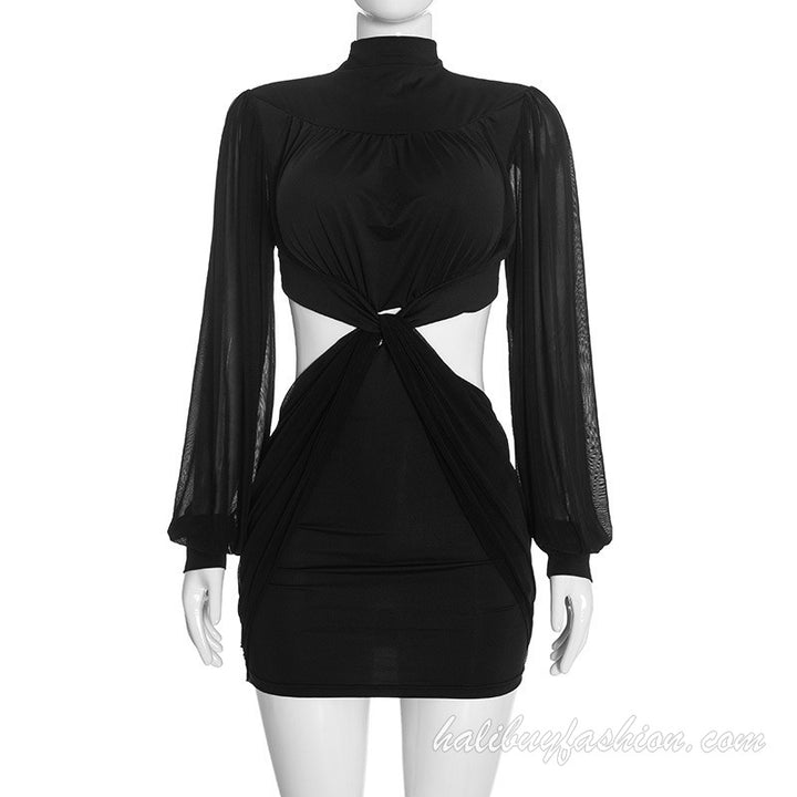 Long sleeve high neck cut out knotted solid ruched mini dress - Halibuy - 10