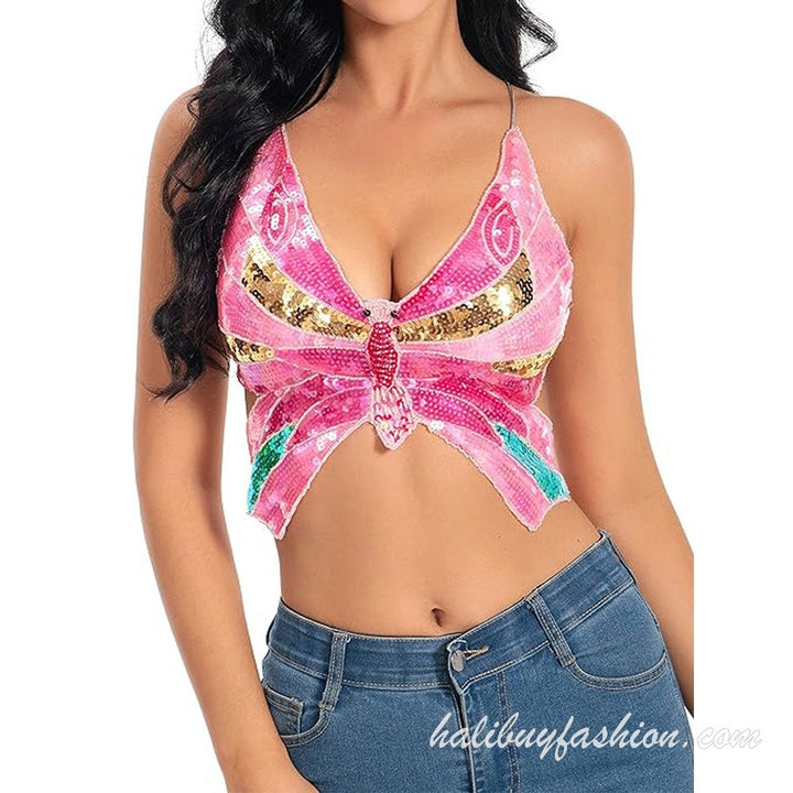 Spaghetti strap sleeveless glitter butterfly pattern deep v neck crop top - Halibuy - 10