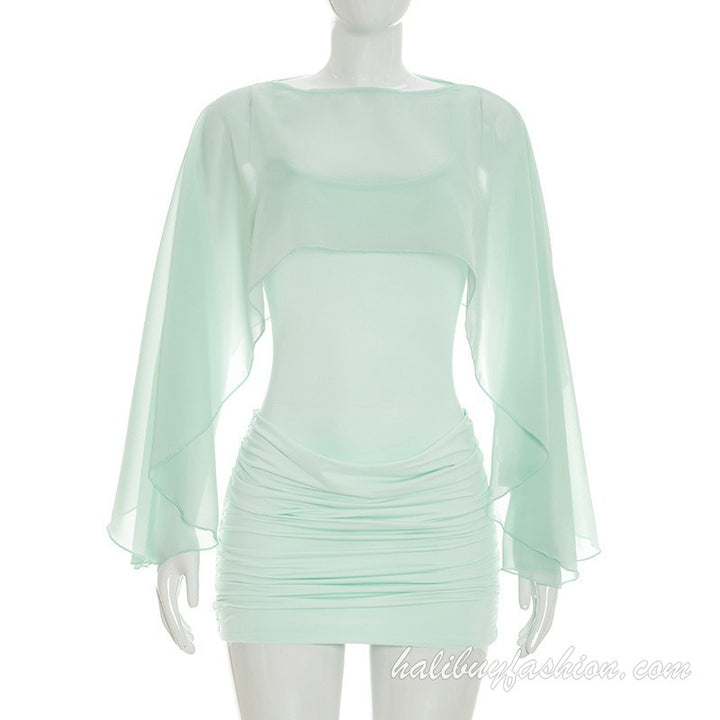Long sleeve mesh solid ruffle ruched cami mini dress - Halibuy - 10