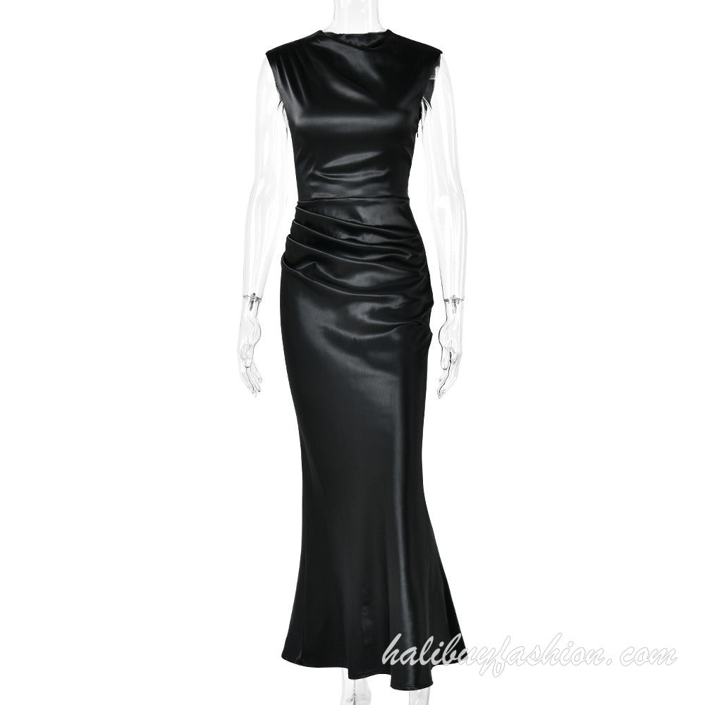Sleeveless satin backless lace up solid high neck maxi dress - Halibuy - 10