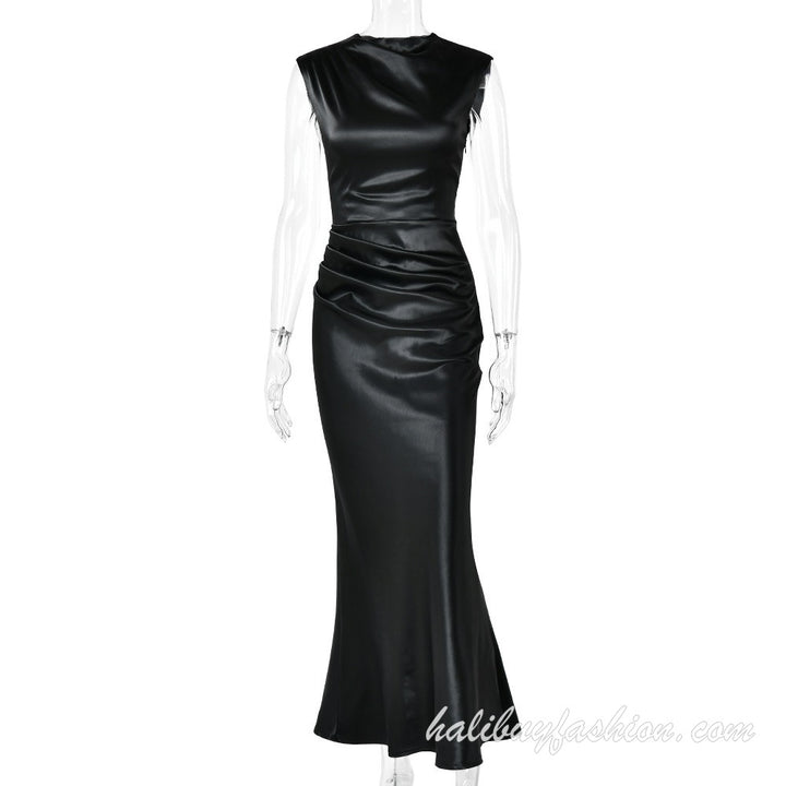 Sleeveless satin backless lace up solid high neck maxi dress - Halibuy - 10