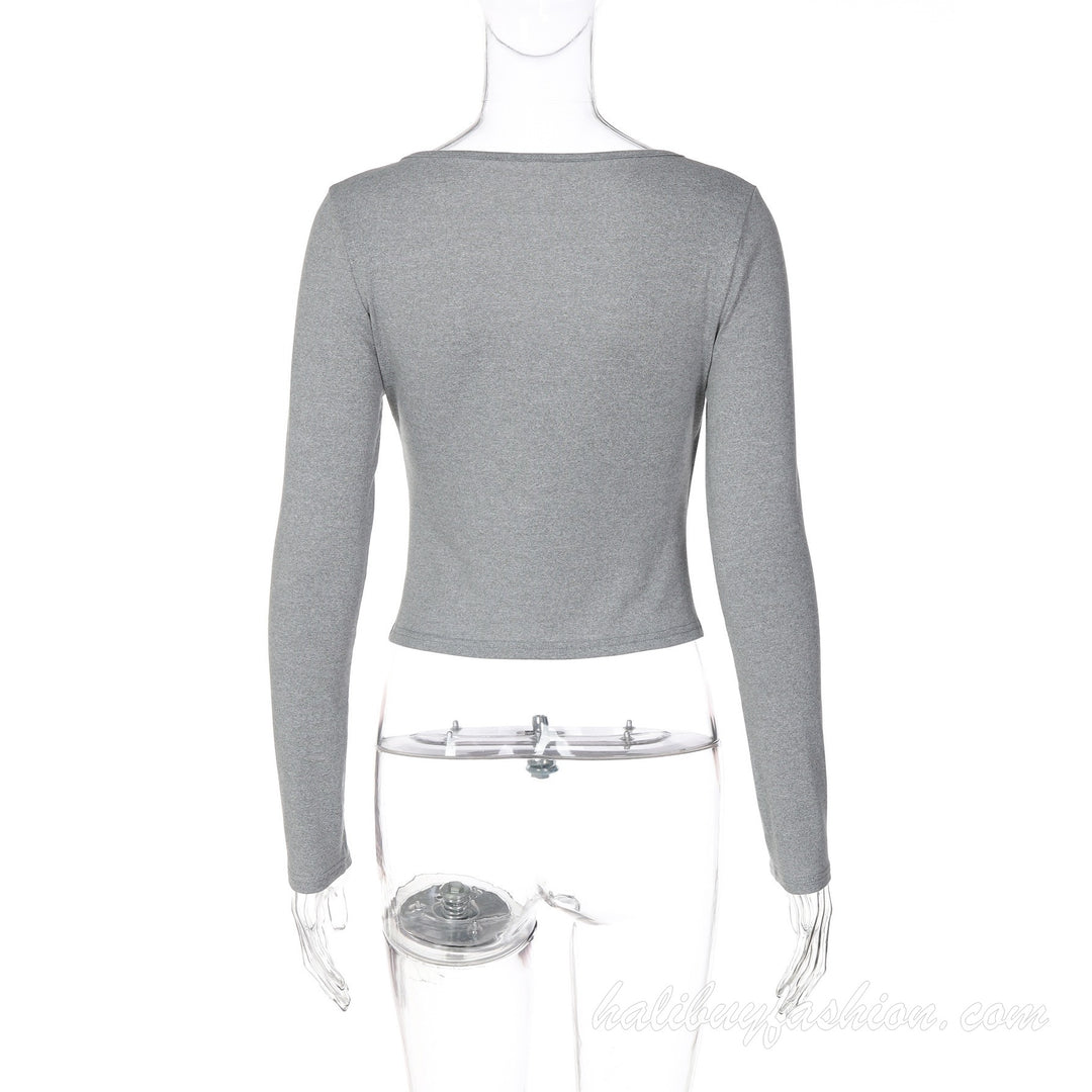 Long sleeve v neck solid cross front knitted lace crop top - Halibuy - 10
