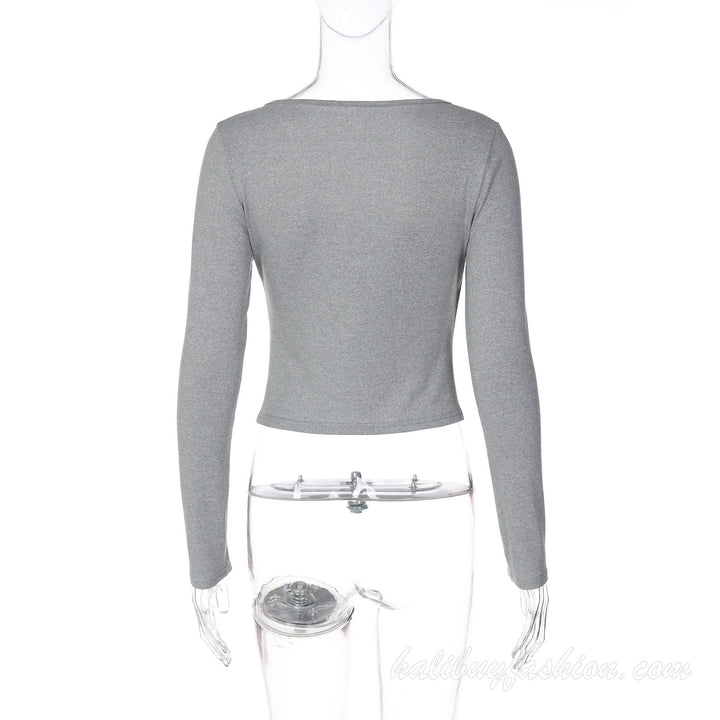 Long sleeve v neck solid cross front knitted lace crop top - Halibuy - 10
