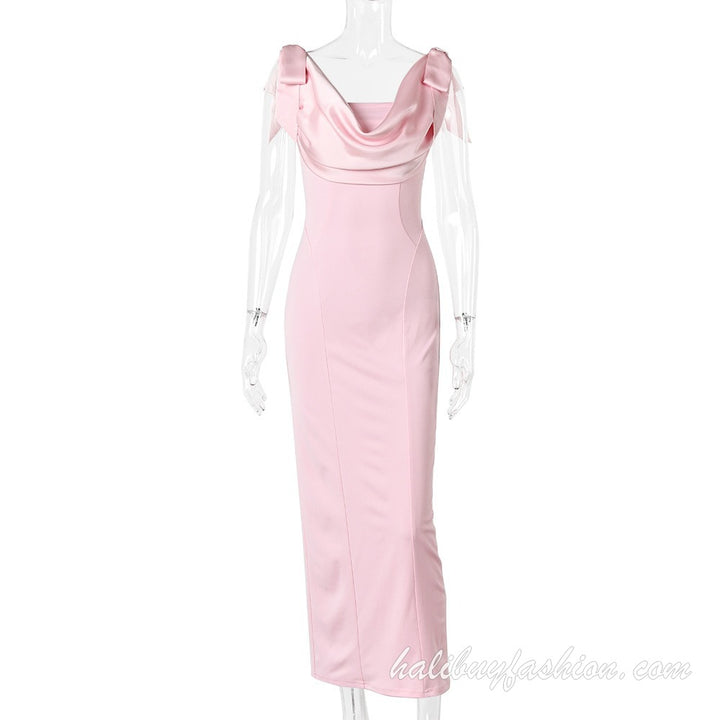 Satin cowl neck sleeveless backless bowknot high slit maxi dress - Halibuy - 10
