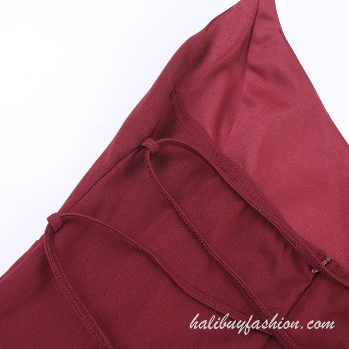 Spaghetti strap ruched drawstring backless lace up satin 2 piece dress maxi - Halibuy - 10