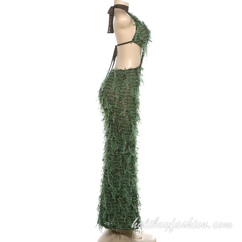 Halter sleeveless backless hollow out tassels sheer mesh maxi dress - Halibuy - 10