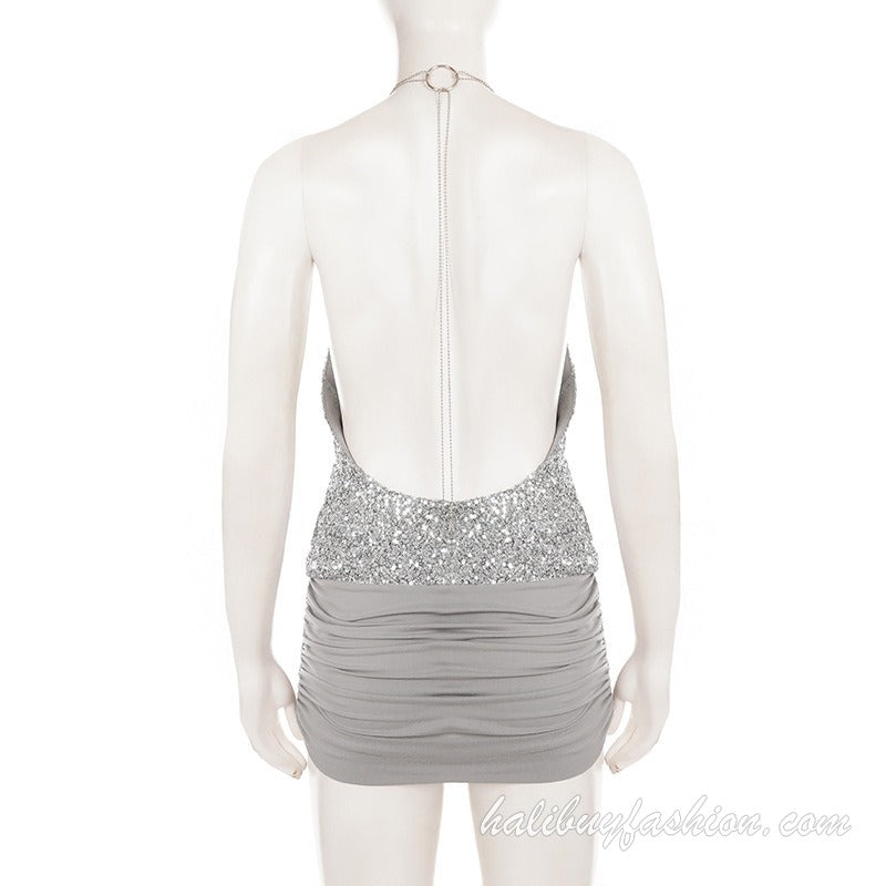 Halter glitter backless ruched drawstring metal chain mini dress - Halibuy - 10