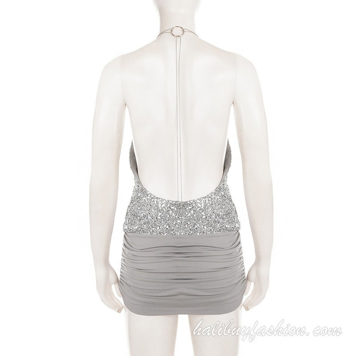 Halter glitter backless ruched drawstring metal chain mini dress - Halibuy - 10