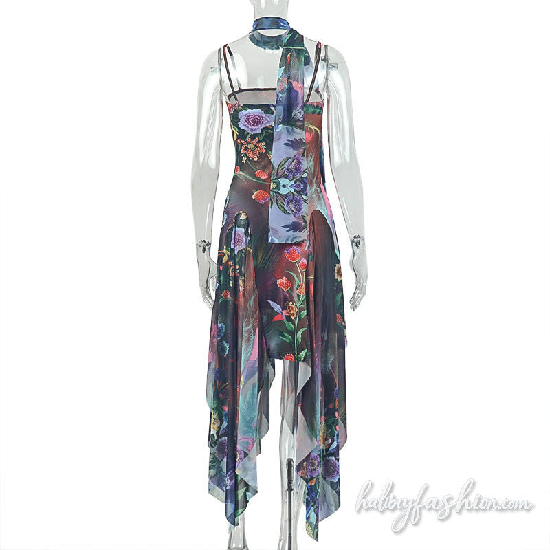 Square neck flower print mesh cami maxi dress