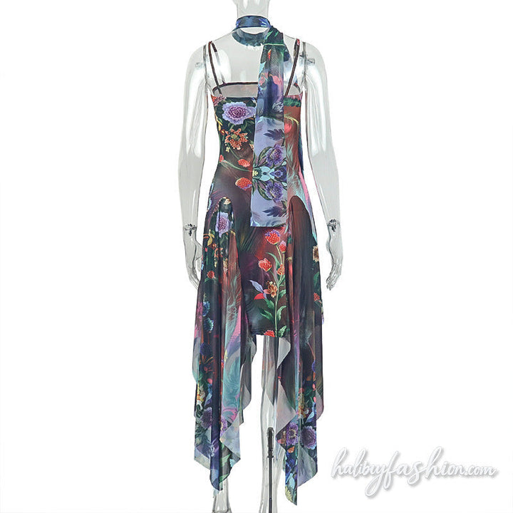 Square neck flower print mesh cami maxi dress