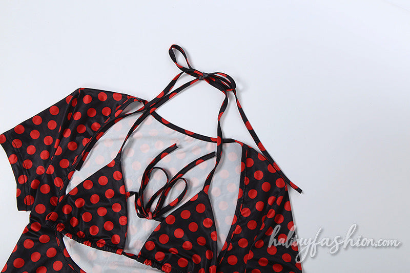 Polka dot short sleeve halter self tie pant set
