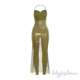 Ruched see through self tie halter maxi dress