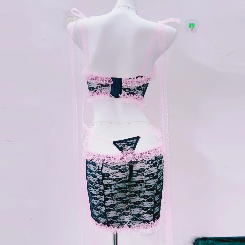 Lace bowknot ruffle backless cami mini skirt set  | Festival Outfits Women