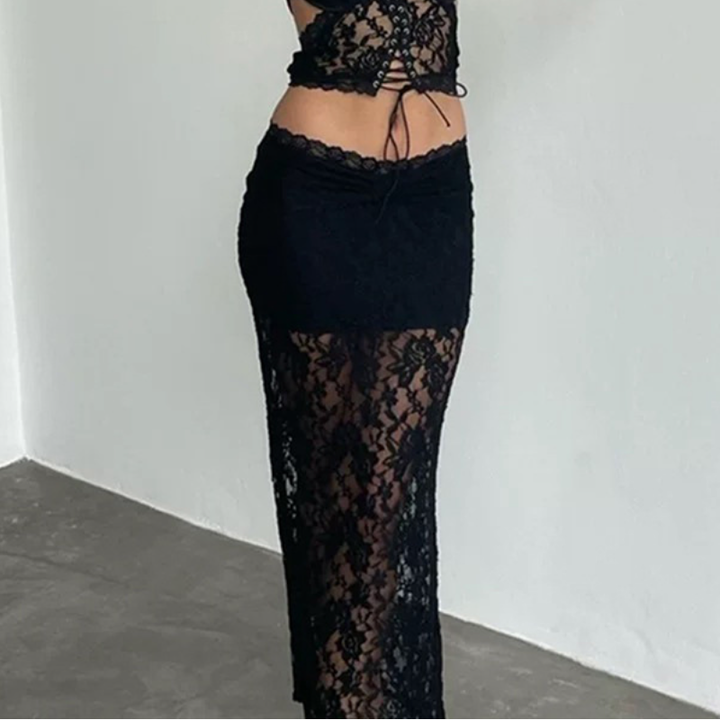 Lace see through solid ruched maxi skirt  | Festival Outfits Women
