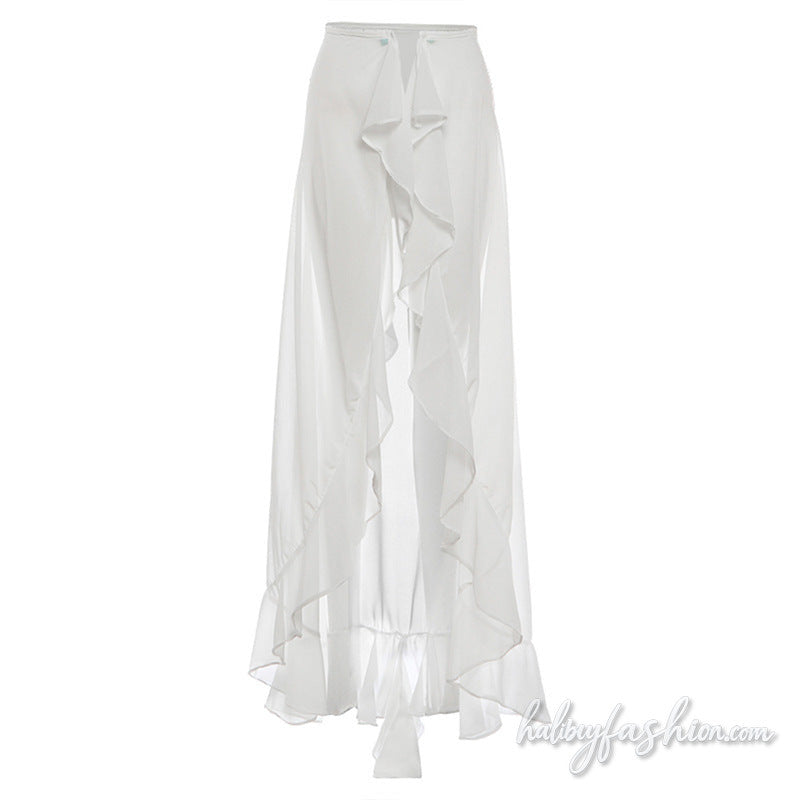 Ruffle chiffon slit button solid maxi skirt