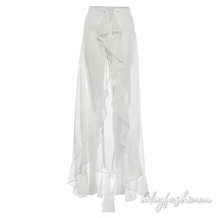 Ruffle chiffon slit button solid maxi skirt