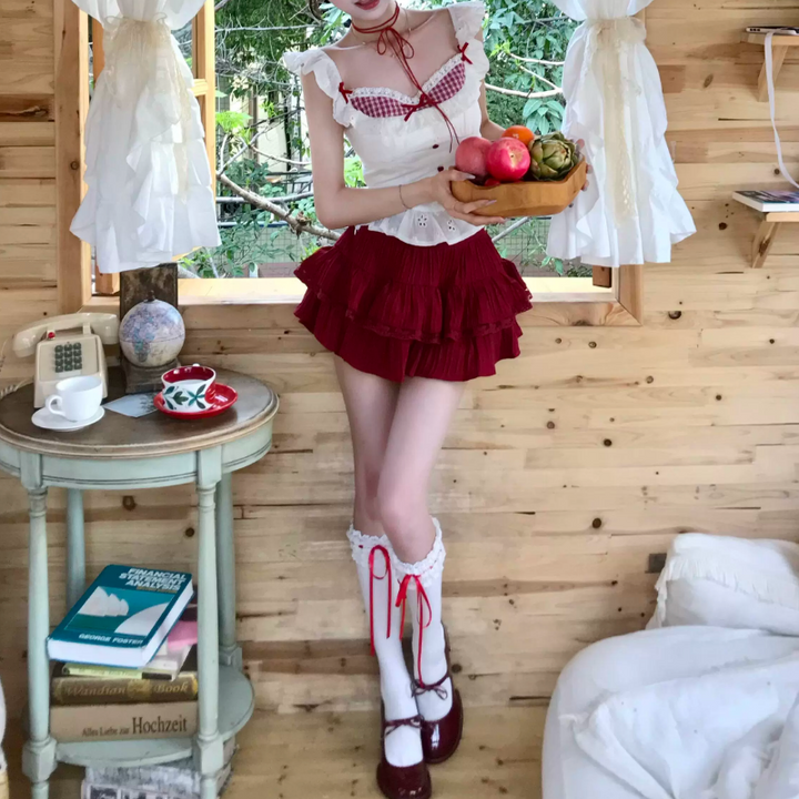 Cap sleeve plaid lace hem bowknot mini skirt set  | Festival Outfits Women