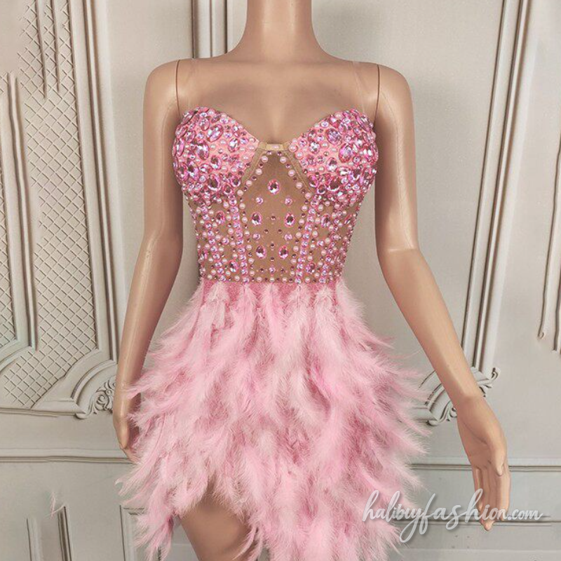Beaded feather irregular v neck cami mini dress