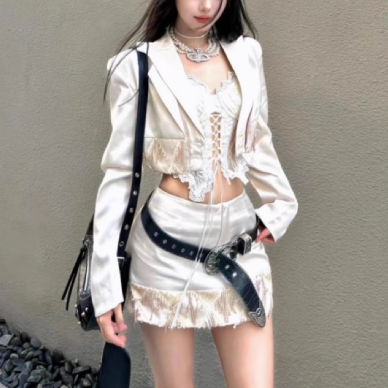 Long sleeve lace hem self tie satin 3 piece skirt set  | Festival Outfits Women