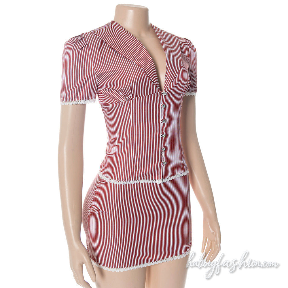 Striped short sleeve lace hem v neck button mini skirt set - Halibuy - 5