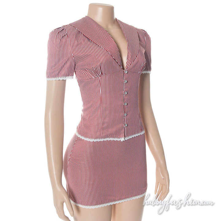 Striped short sleeve lace hem v neck button mini skirt set - Halibuy - 5