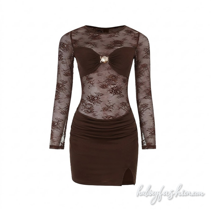 Lace long sleeve ruched slit crewneck mini dress - Halibuy - 2