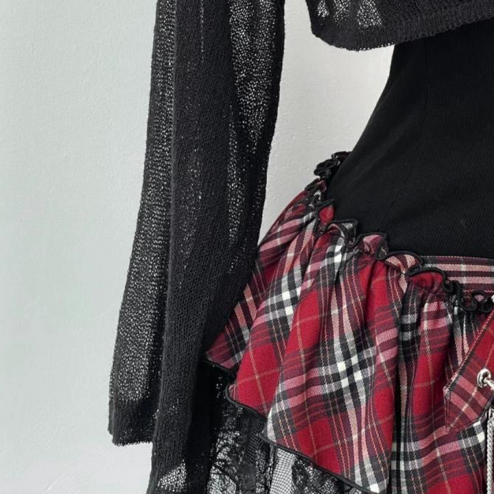 Long sleeve irregular plaid ruffle 2 piece mini dress  | Festival Outfits Women