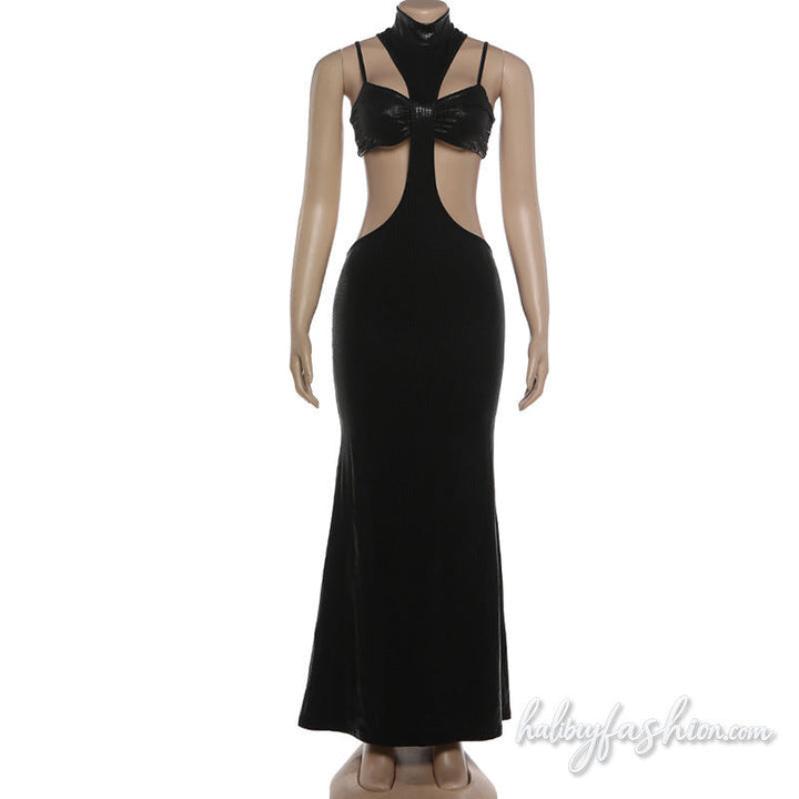 High neck hollow out plaid cami maxi dress